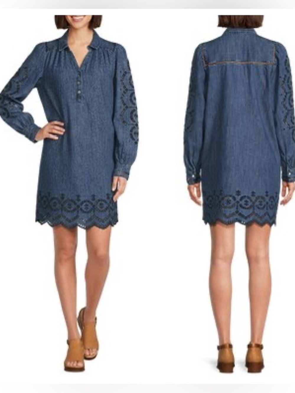 Nurture By Westbound Denim Dress Laser Cut Blue Long Sleeve Cotton Boho Western
